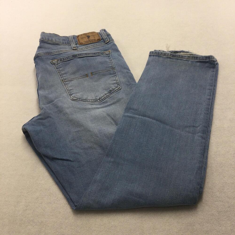 US Polo Assn Jeans Mens 38x32 Blue Light Wash Straight Denim Stretch Distressed